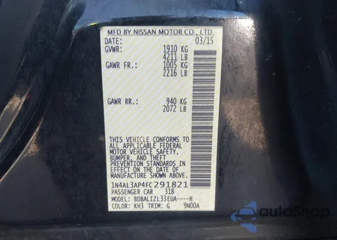 2015 Nissan Altima 2.5 Sv z USA, uszkodzony, nr VIN 1N4AL3AP4FC291821